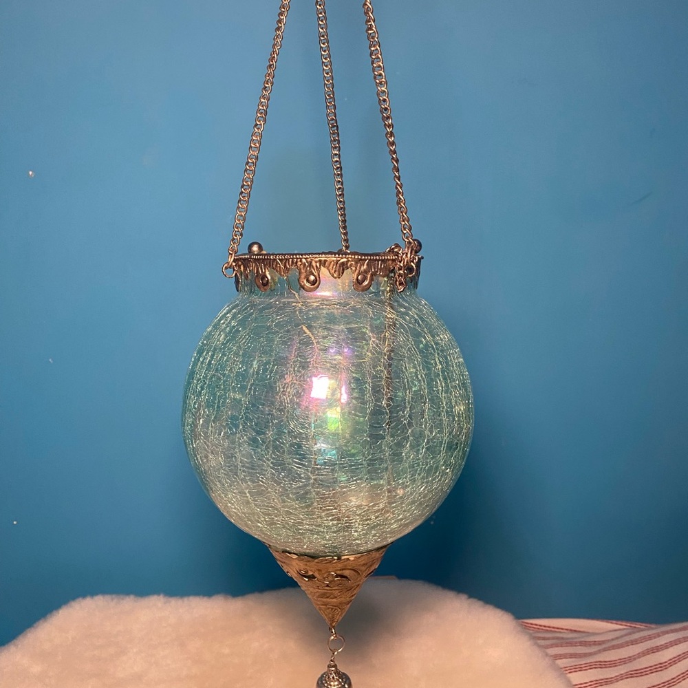 Hanging Lantern Irridescent Blue (green) crake Glass Moroccan Style